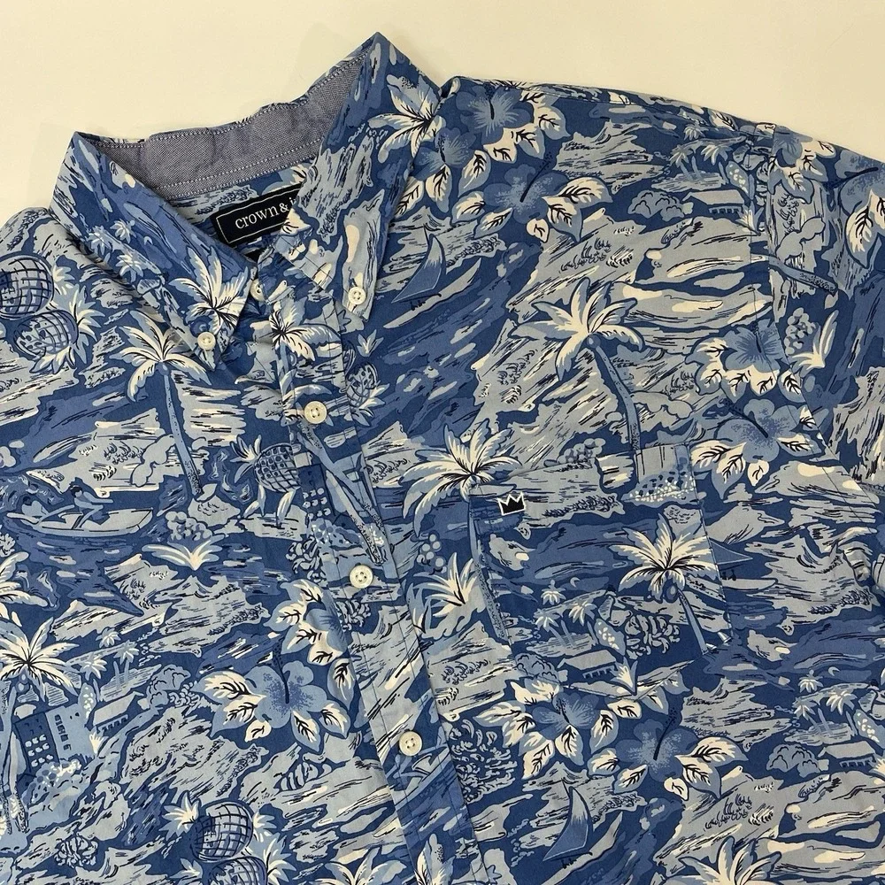 Crown & Ivy Men's Blue Button Down Hawaiian Classic‎ Fit Shirt Size Large